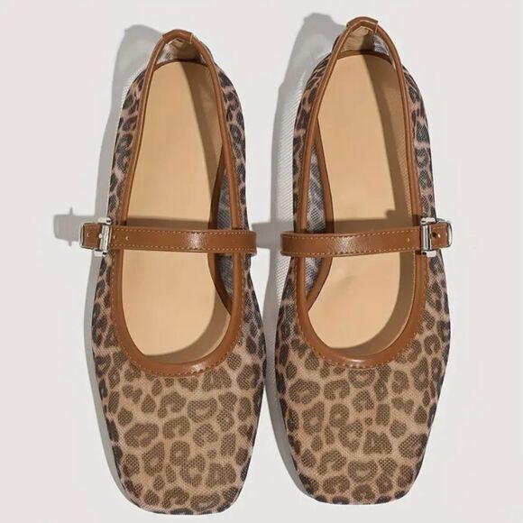 Leopard Print Mesh Mary Jane Flats - Picture 3 of 6